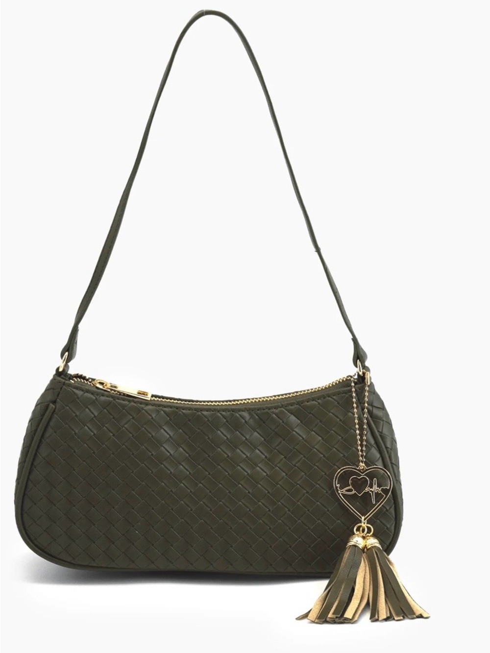 Olive Woven Shoulder Bag with Gold Tassel Charm